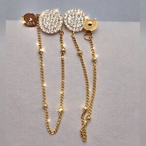 Gold Drop Chain Earrings Pavé Diamond Disc Stud 925 Sterling